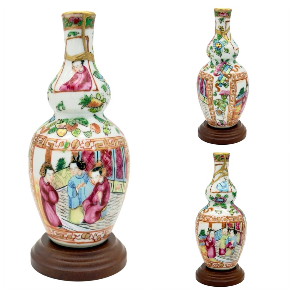 Antique 19th Chinese Famille Rose Double Gourd Vase  Kintsugi Gold Crack Art